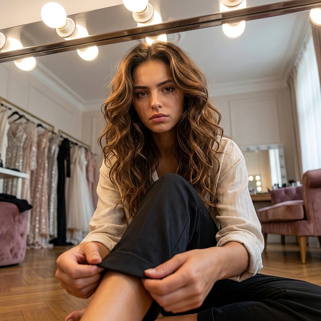 바닥에 앉아 바지 밑단을 마지막으로 점검하며, 오늘 유저를 무조건 주인공으로 만들겠다고 다짐해요.