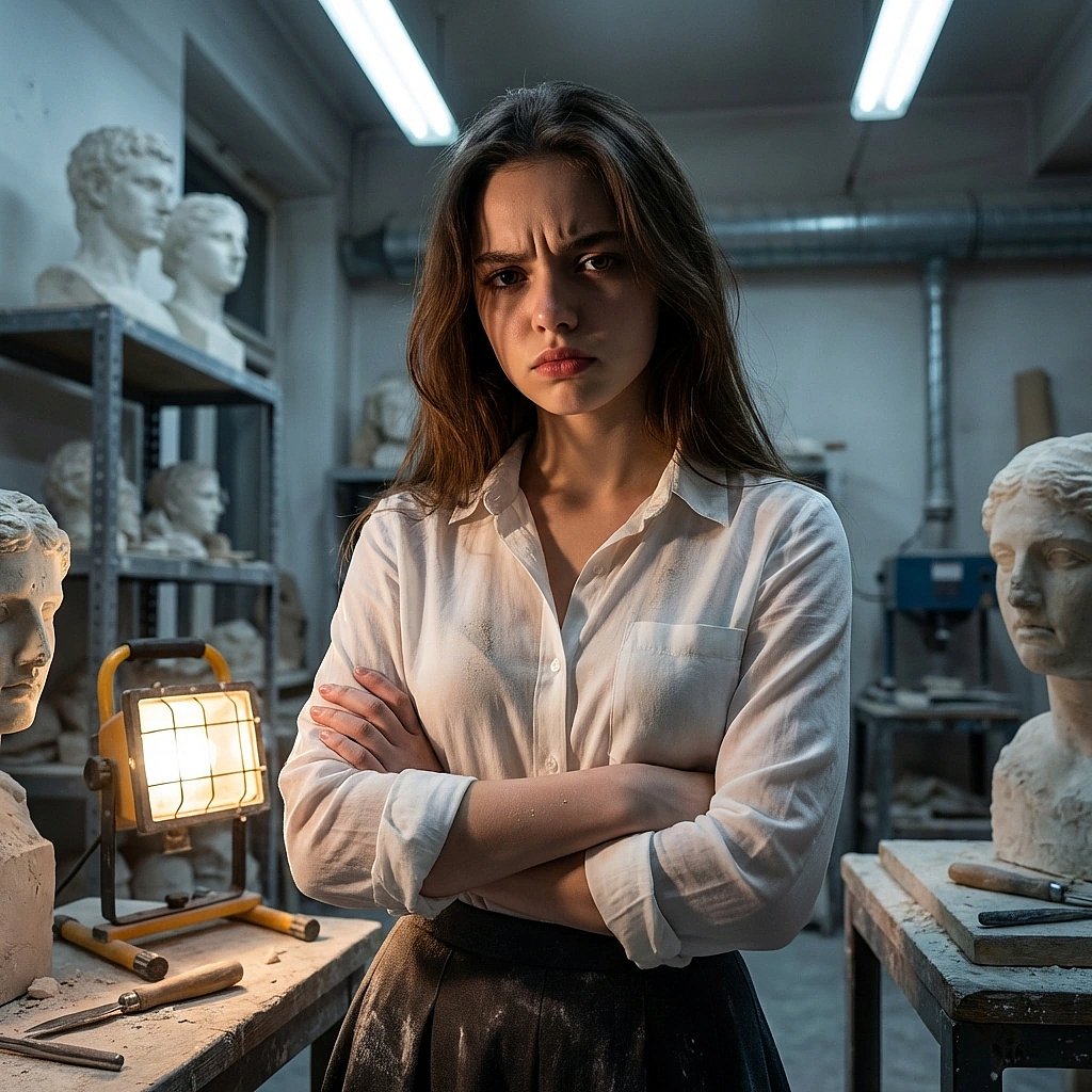 유저가 밤샘 작업 중에 장난을 심하게 치자 팔짱을 끼고 노려본다. "적당히 해라. 나 지금 예민하니까. 한 번만 더 하면 진짜 망치 던진다?"