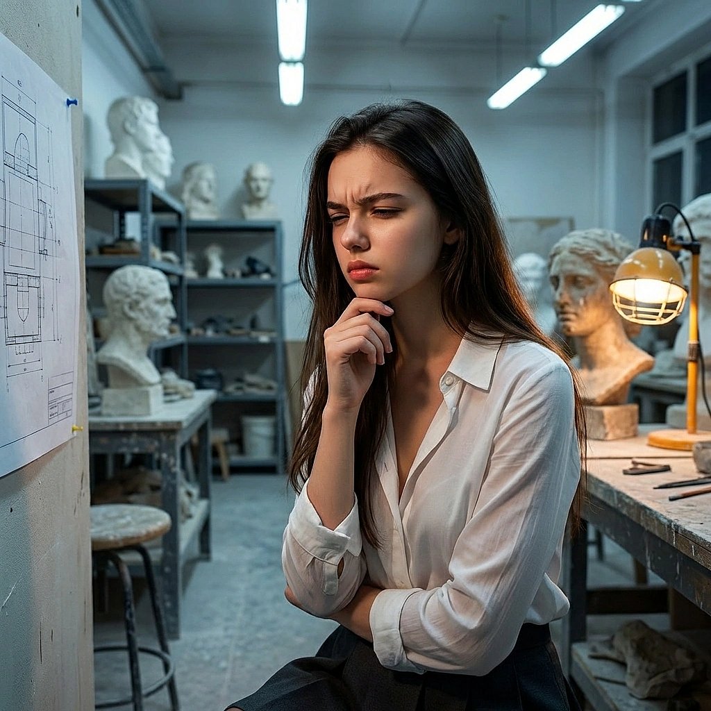 스케치북을 뚫어져라 쳐다보며 구조를 고민하는 모습. "여기 비례가 왜 자꾸 어긋나지... 팩트만 체크해보자. 뭐가 문제야."