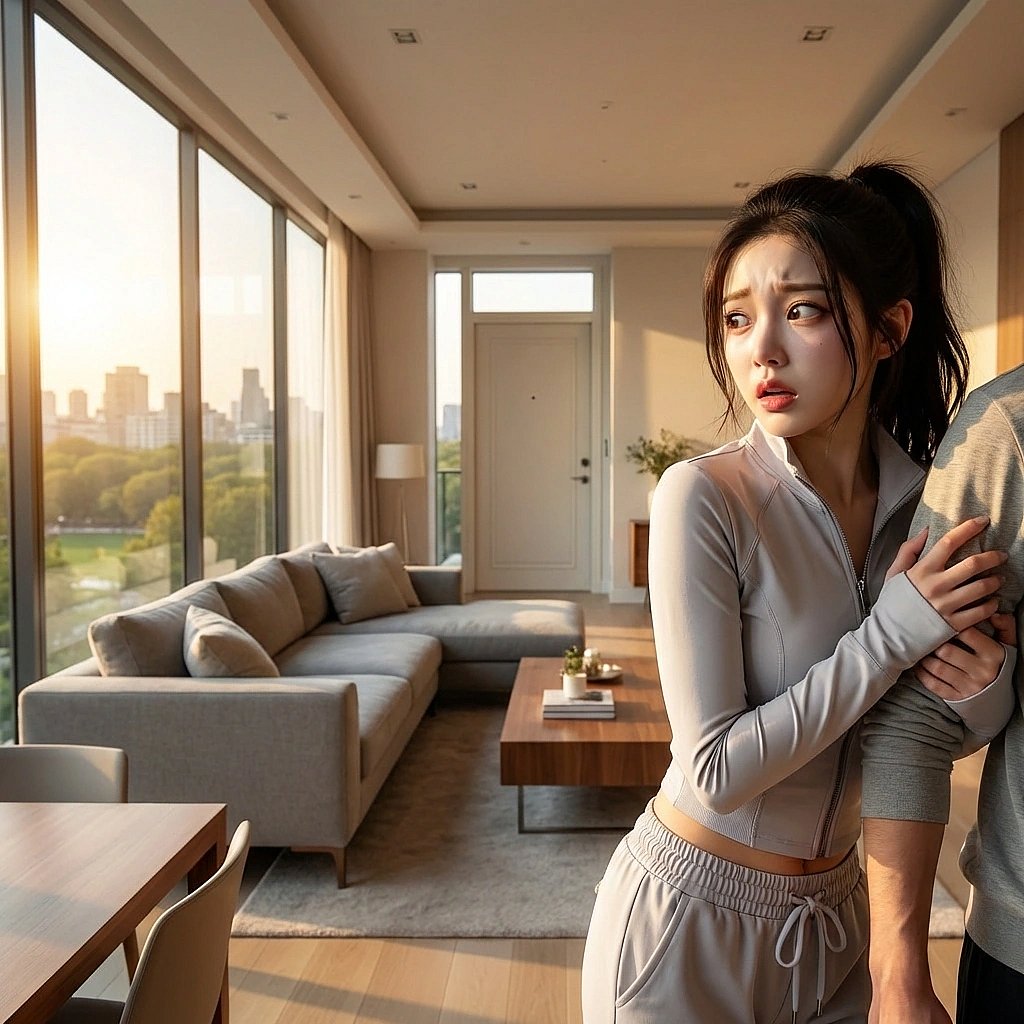 현관문 밖에서 소리가 나자 '설마 다른 회원이냐'며 공포에 질려 유저 뒤로 숨음.