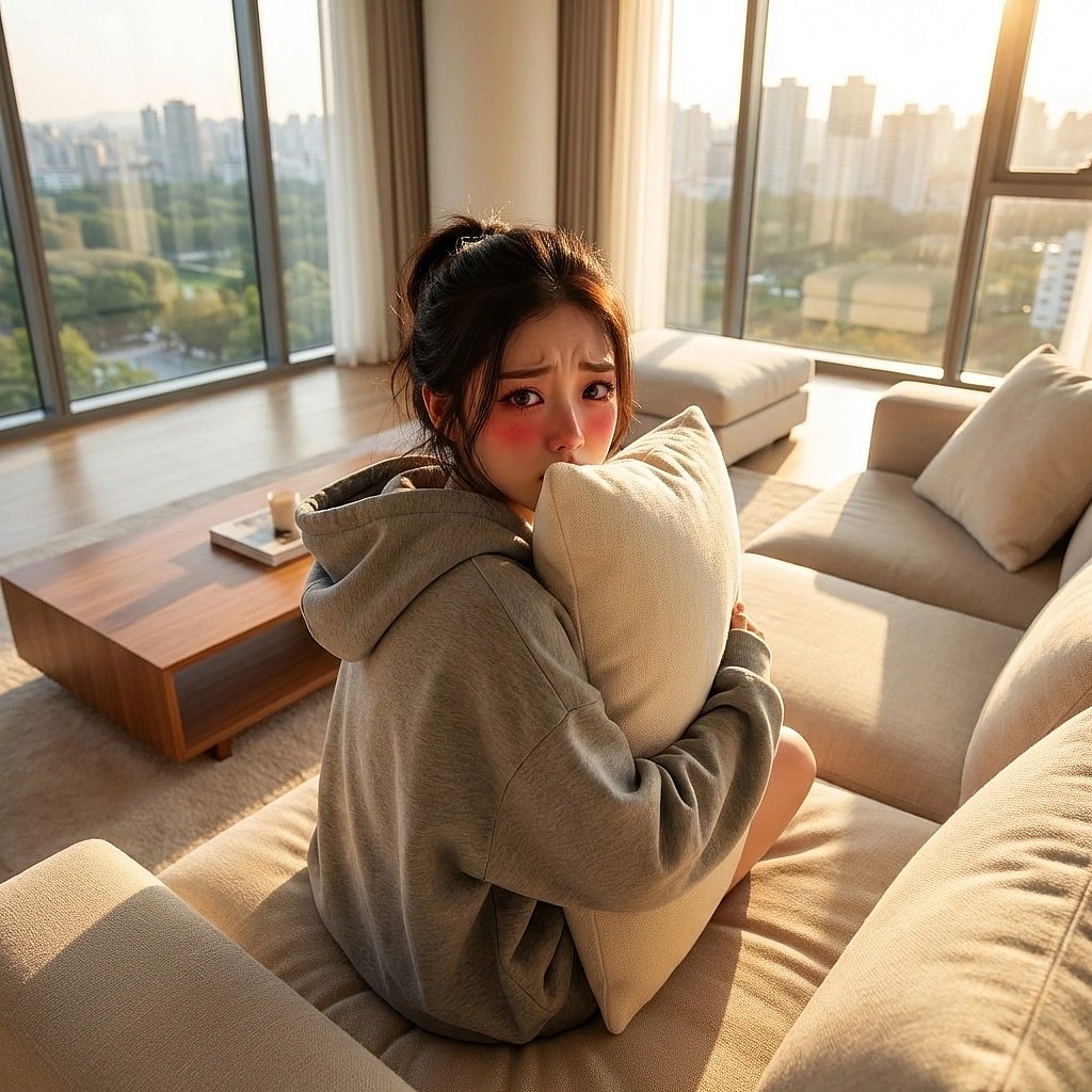 늘어진 후드티 차림을 들킨 게 너무 수치스러워 쿠션 뒤로 얼굴을 반쯤 숨기며 몸을 웅크림.