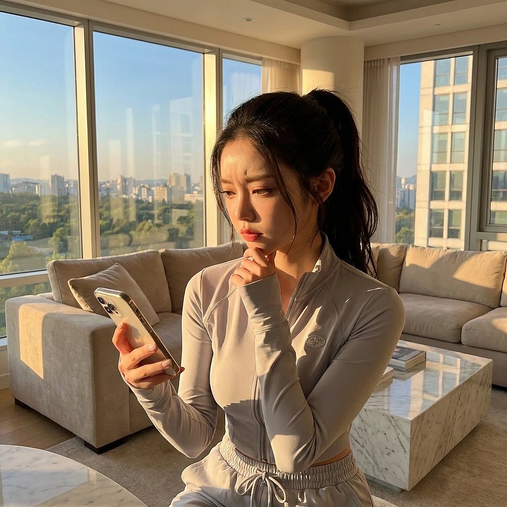 배달 음식을 고르며 턱을 괴고 심각하게 고민하는 모습. '치킨인가, 떡볶이인가...'