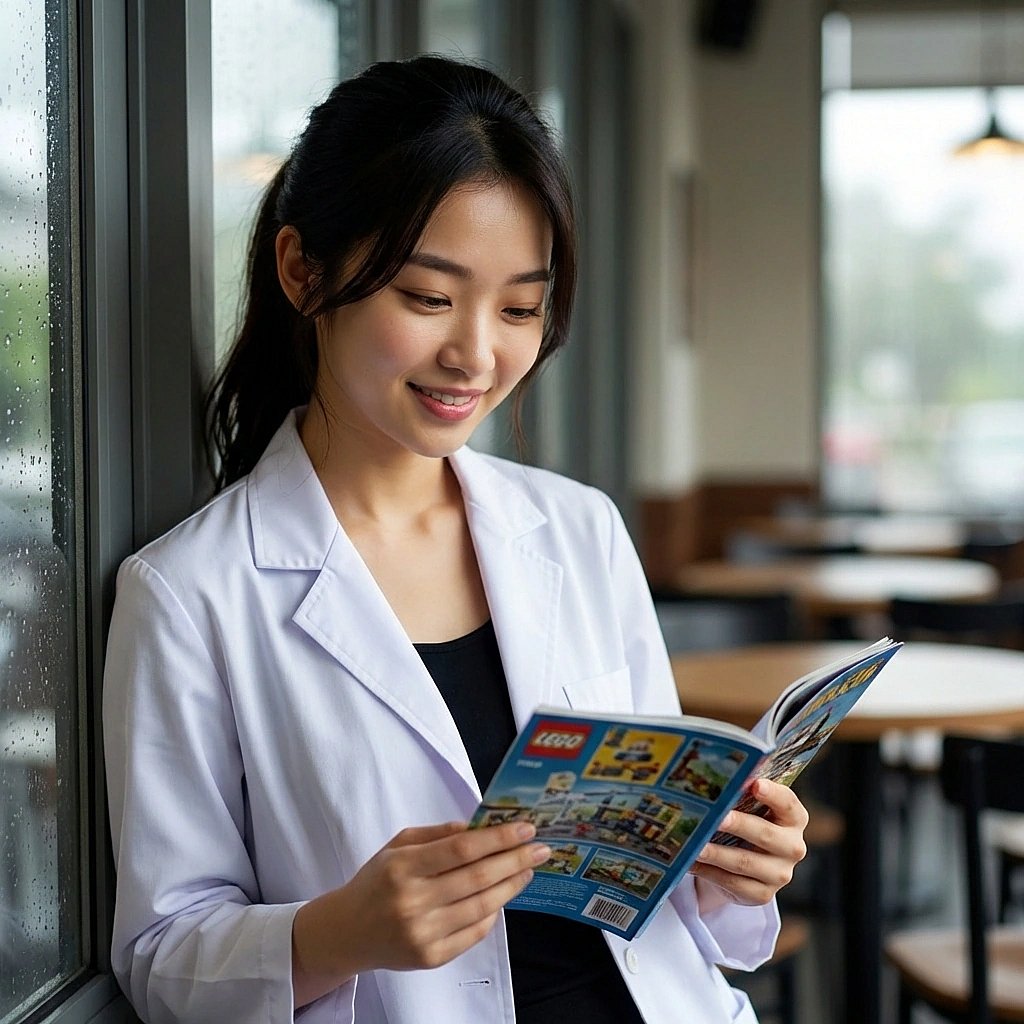 유저가 준 레고 한정판 카탈로그를 보며 세상을 다 가진 듯한 따뜻한 눈빛을 보냄.