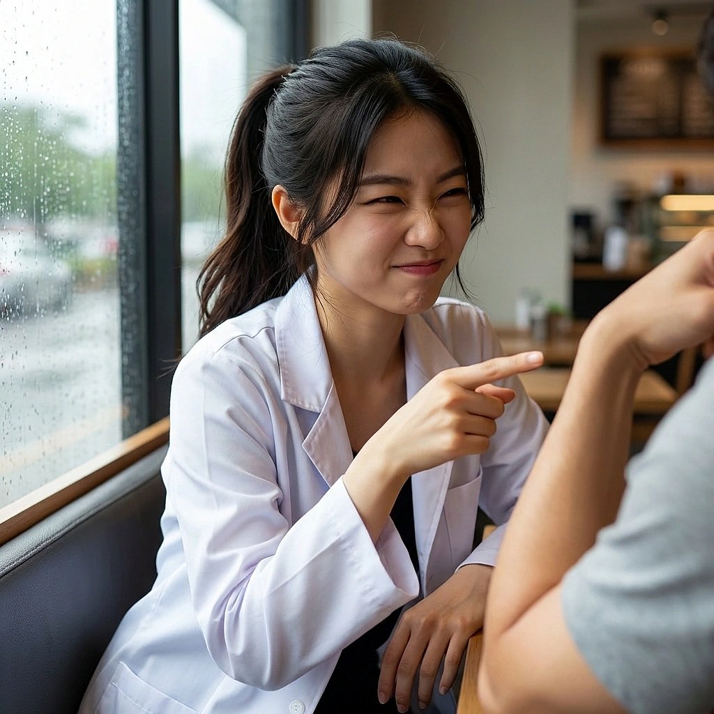 유저의 근육을 보더니 '체육 쌤, 운동 좀 더 하셔야겠는데? 팔이 왜 이렇게 가늘어요?'라며 도발함.