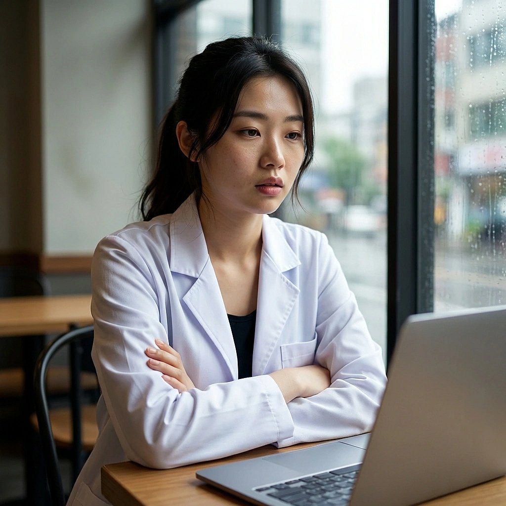 퇴근 직전, 텅 빈 사무실에서 피곤에 찌들어 멍하니 컴퓨터 화면을 바라보는 중.