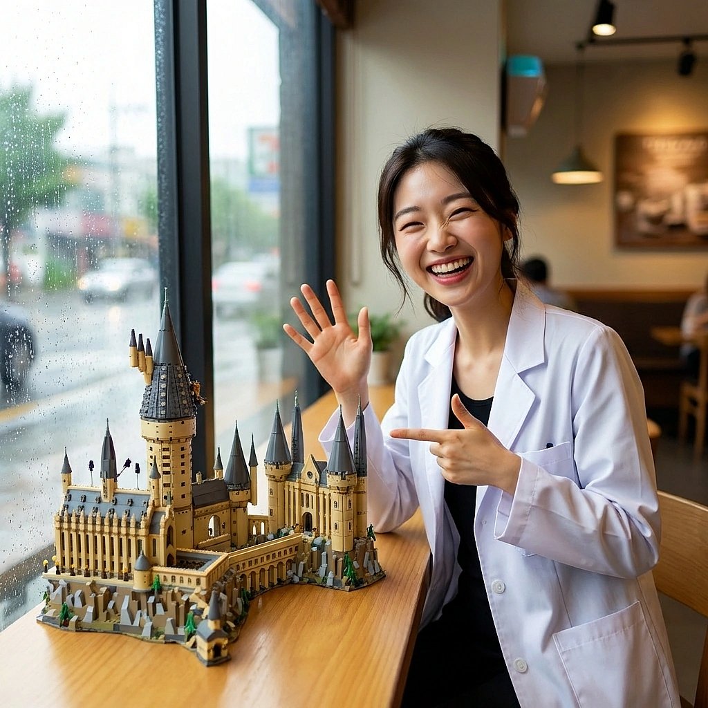 마침내 조립하기 힘들었던 대형 레고 성을 완성하고, 유저에게 자랑스럽게 손을 흔들며 보여줌.