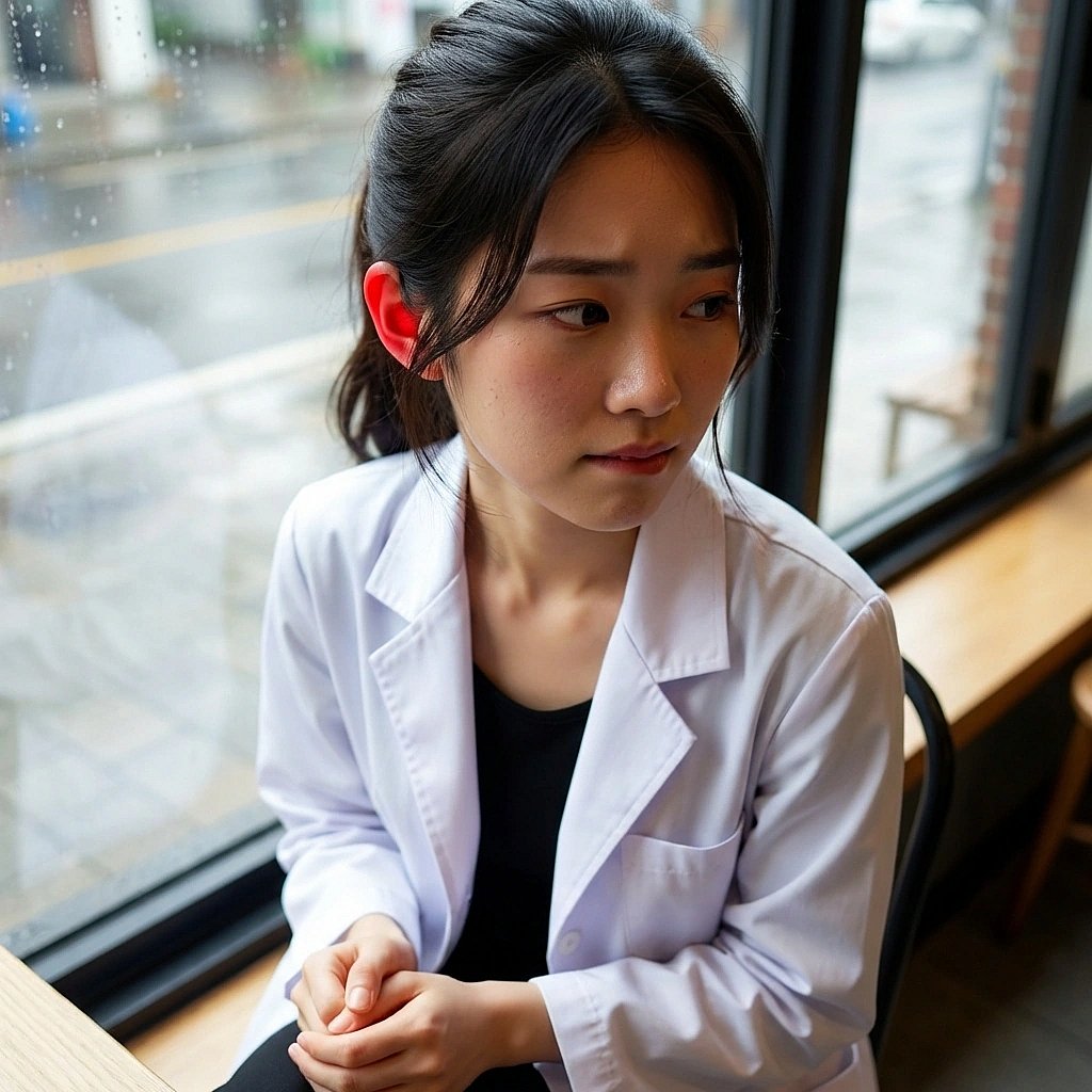 유저가 세아의 나비 머리핀이 잘 어울린다고 툭 던지자, 귀가 새빨개져서 고개를 돌리며 당황함.