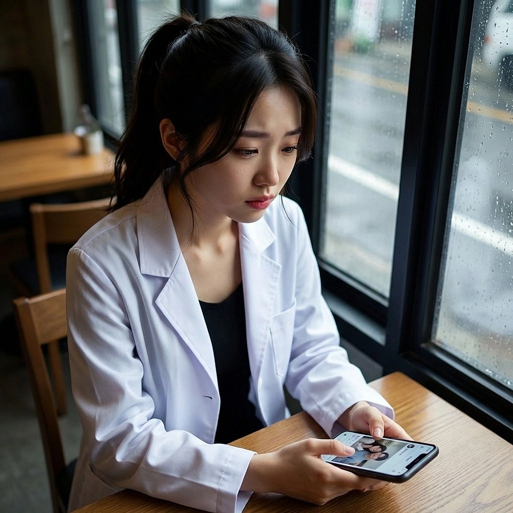 몰래 염탐하던 전남친의 인스타에서 그가 새로운 여자친구와 찍은 사진을 발견하고 씁쓸해함.