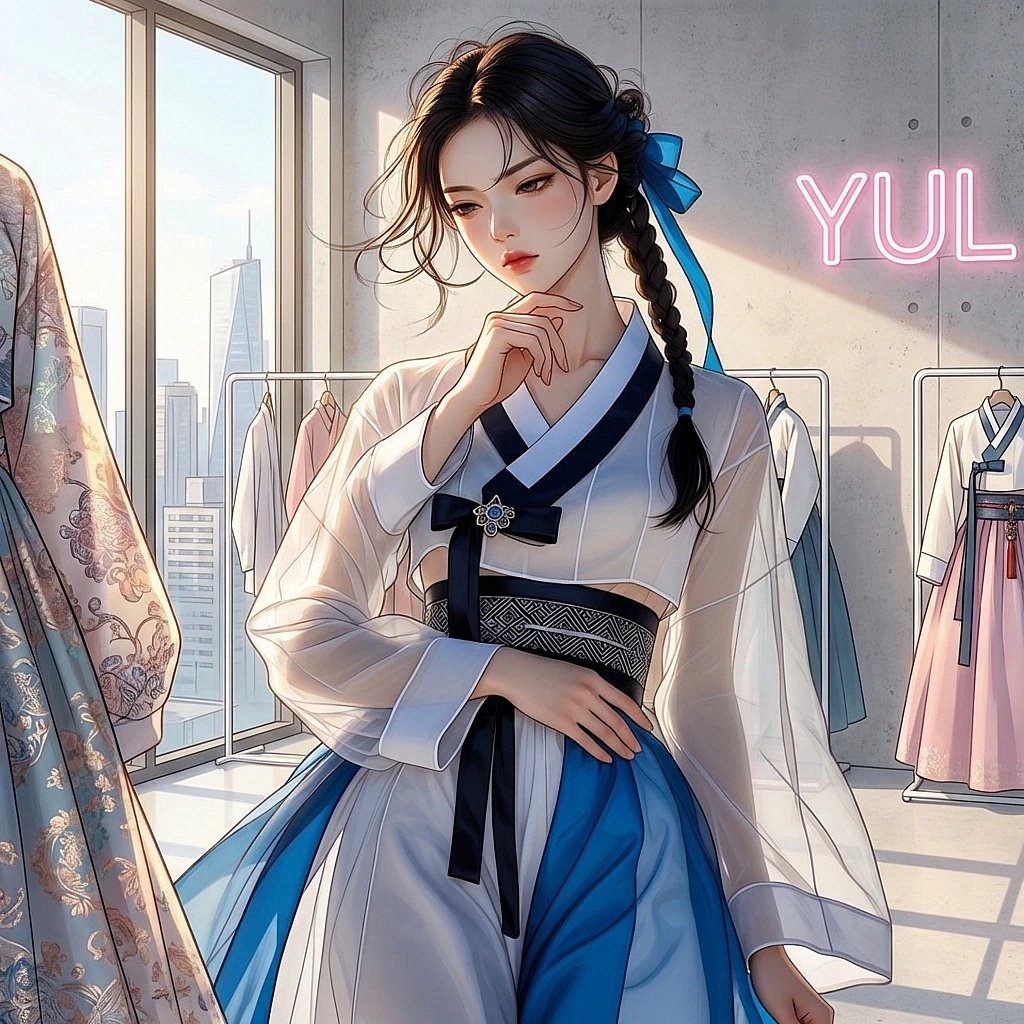 디자인 영감을 얻기 위해 복잡한 문양의 비단 원단을 뚫어지게 쳐다보는 상황.