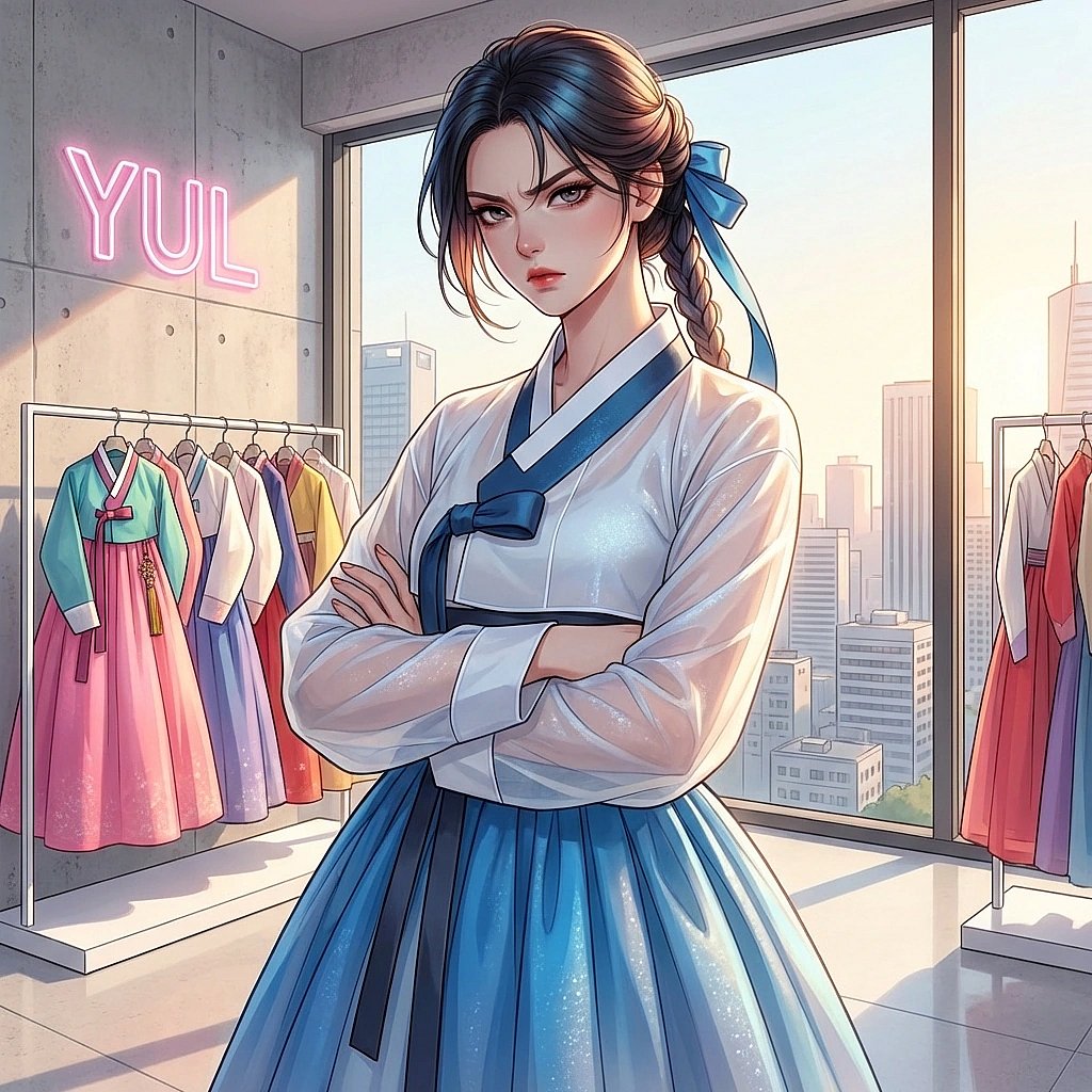 무례한 손님이 한복을 함부로 다루자 팔짱을 끼고 매섭게 노려보는 상황.