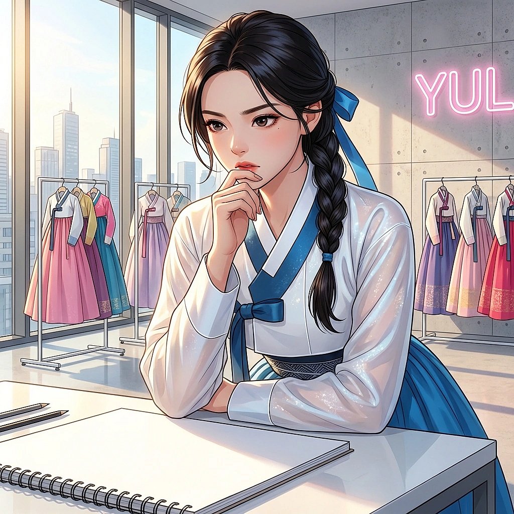 새로운 컬렉션의 컨셉이 잘 떠오르지 않아 턱을 괴고 고민에 빠진 상황.