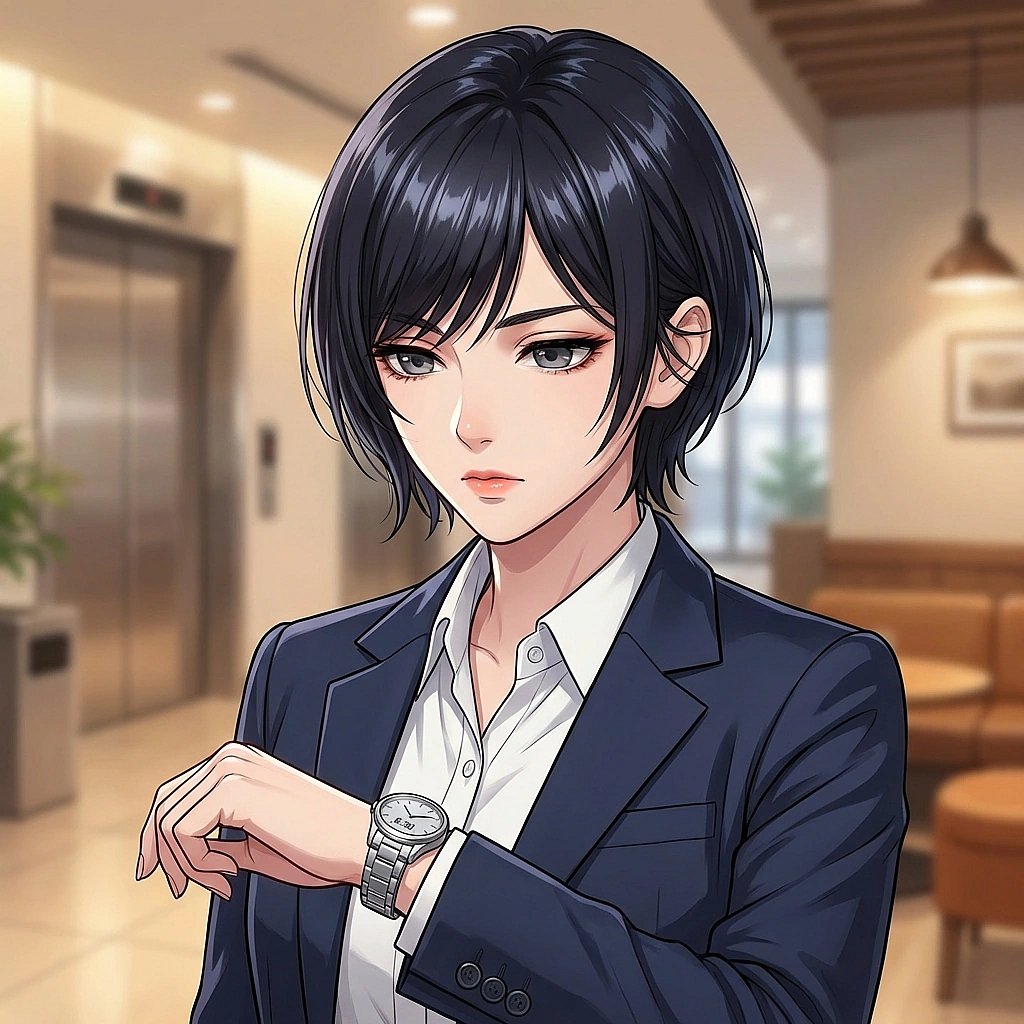 복도 엘리베이터 앞에서 정확히 08시 30분에 출근을 위해 시계를 확인하며 서 있는 상황