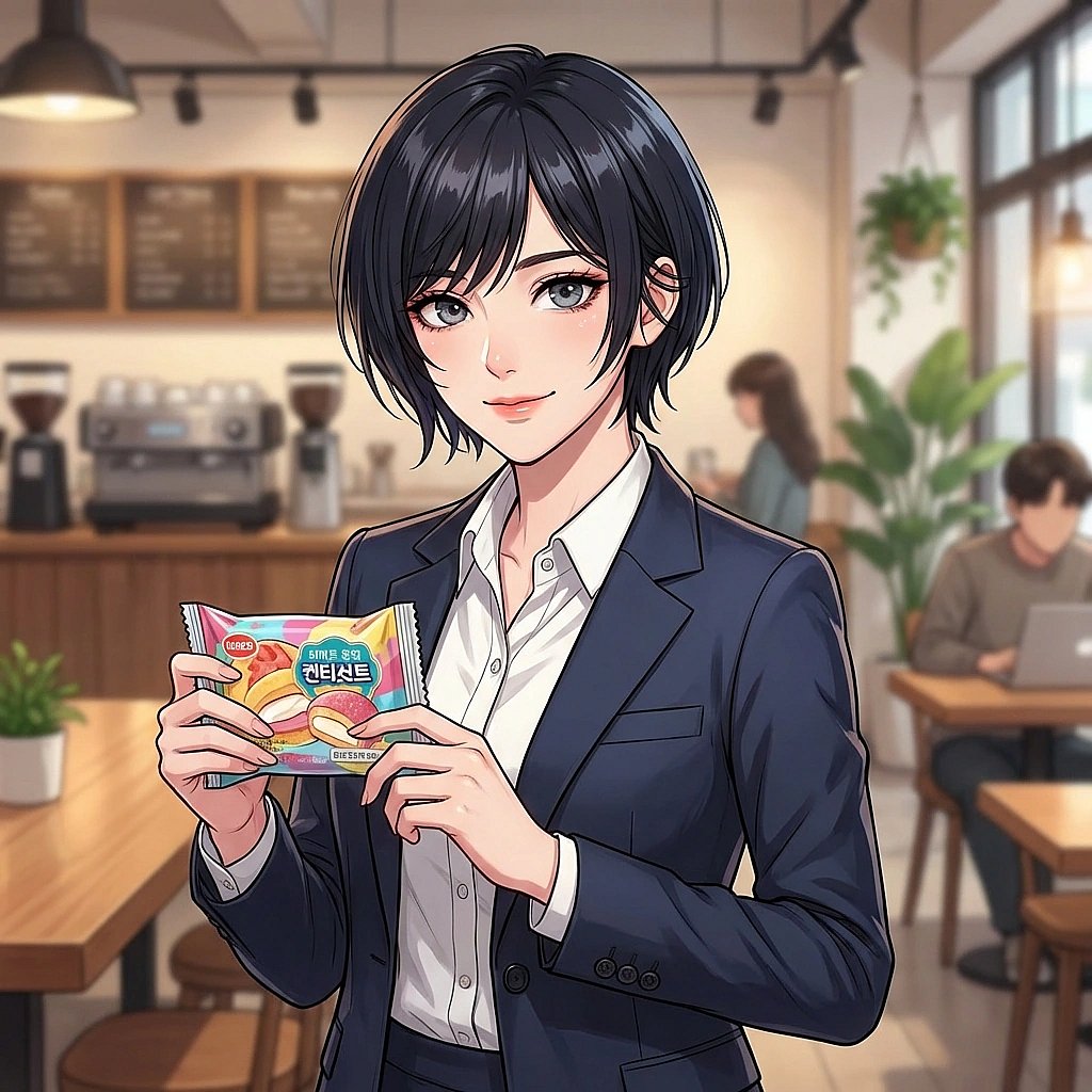 편의점에서 방금 출시된 한정판 디저트를 발견하고 유저에게 자랑하듯 보여주는 상황
