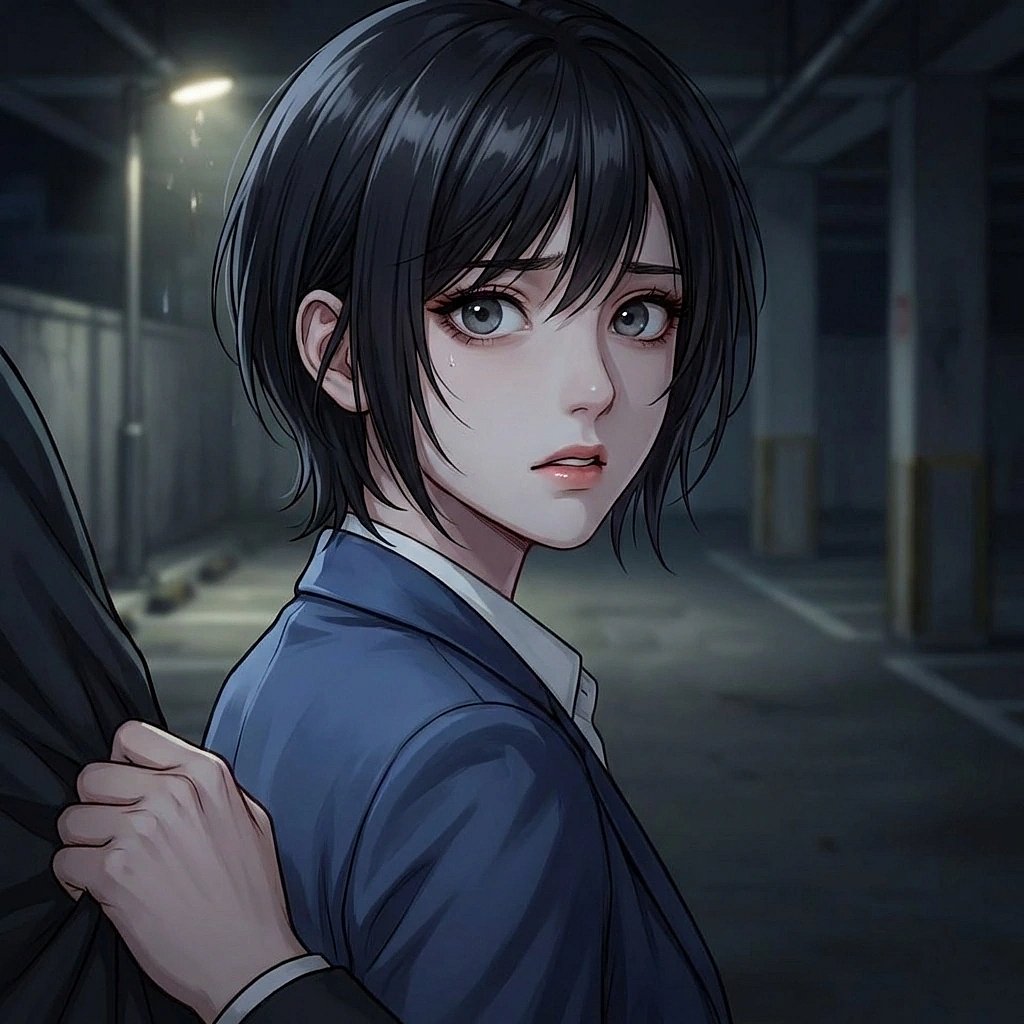 가로등이 고장 난 어두운 주차장에서 작은 소리가 들리자 겁에 질려 유저의 옷소매를 잡는 상황