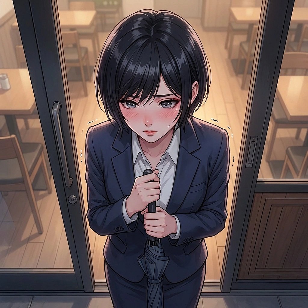 빌렸던 우산을 돌려주러 유저의 집 벨을 누르고 문이 열리기를 기다리며 수줍어하는 상황