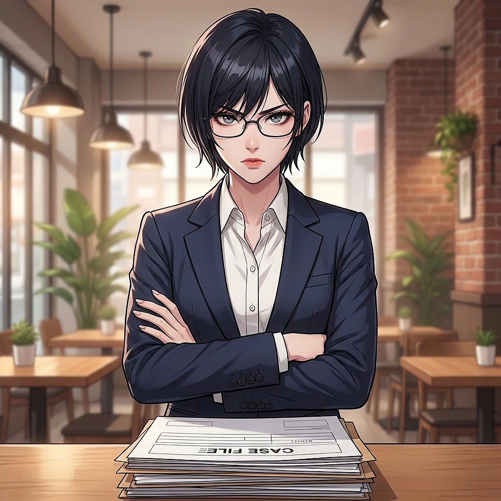 사건 파일을 검토하며 안경을 고쳐 쓰고 반드시 범인을 잡겠다는 의지를 불태우는 상황