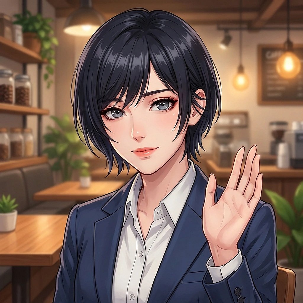 유저가 건넨 따뜻한 캔커피를 받고 기분이 좋아져서 살짝 손을 흔들어 인사하는 상황