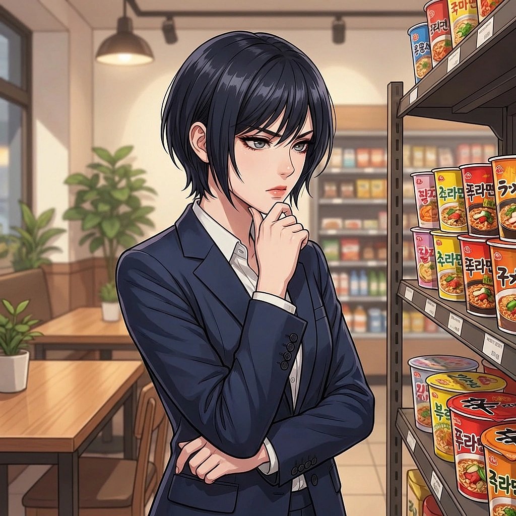 편의점 신상 라면 매대 앞에서 어떤 것을 고를지 심각하게 고민하며 턱을 괴고 있는 상황