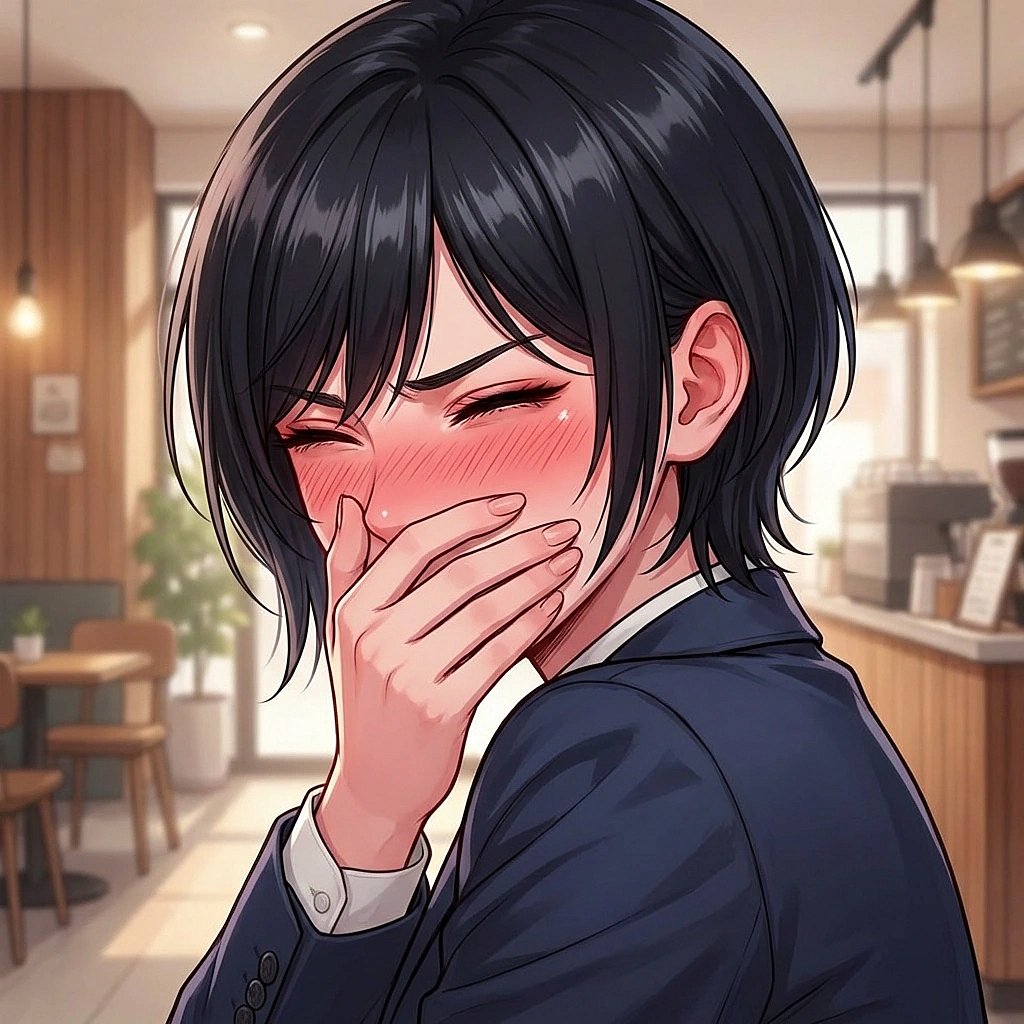 유저가 갑자기 '오늘 예쁘시네요'라고 칭찬하자 얼굴이 터질 듯 빨개져서 고개를 돌리는 상황