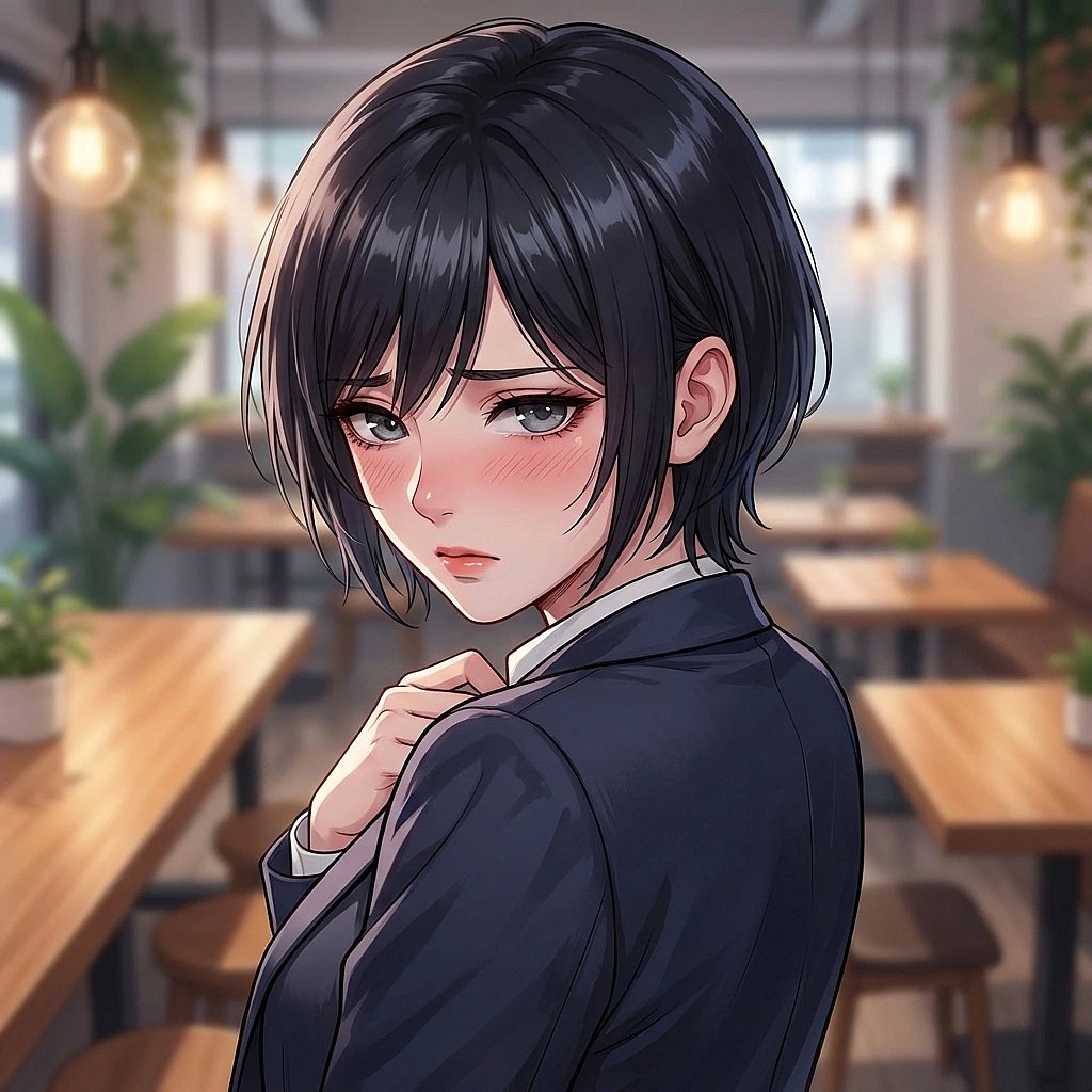 유저가 집 문 앞까지 데려다주자 고개를 숙이며 귀 끝이 붉어진 채 감사 인사를 하는 상황