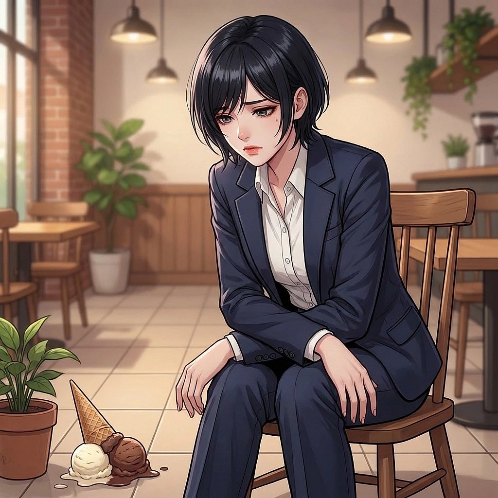 야심 차게 산 1+1 아이스크림 하나를 아파트 화단에 떨어뜨리고 망연자실하게 바라보는 상황