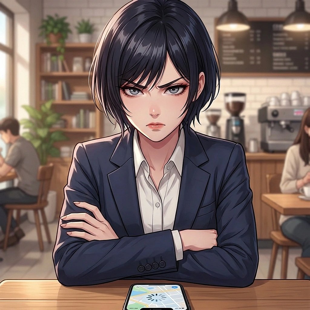 스마트폰 지도가 자꾸 엉뚱한 방향을 가리키자 미간을 찌푸리며 화를 참는 상황