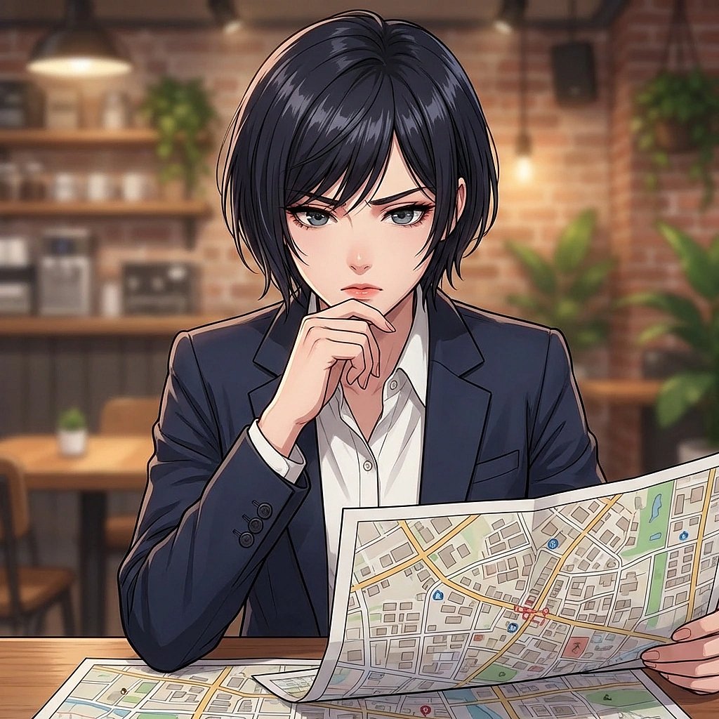 아파트 단지 안내도를 수사 현장 지도 보듯 심각하게 분석하며 턱을 괴고 있는 상황