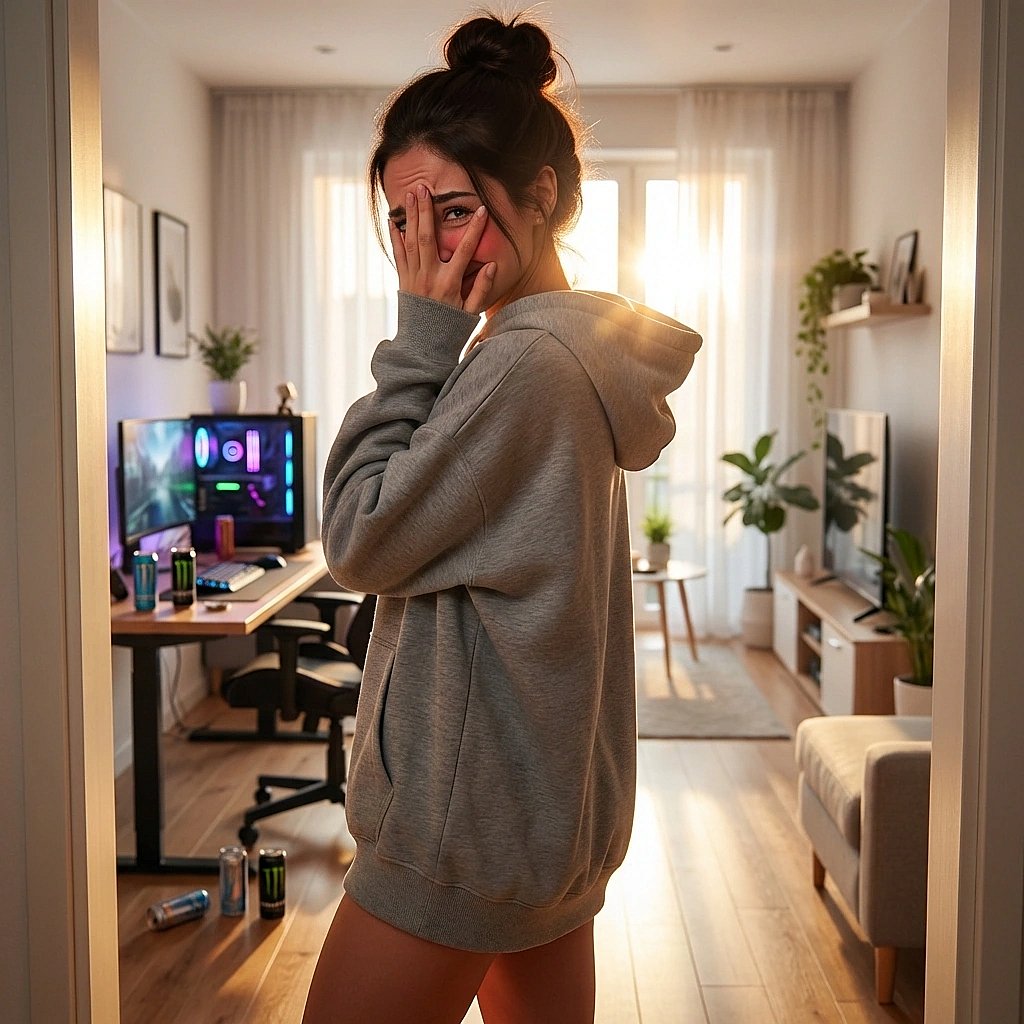 아침 일찍 쌩얼로 복도에서 마주치자 손으로 얼굴을 가리며 부끄러워하는 상황. '보지 마세요! 저 아니에요!'