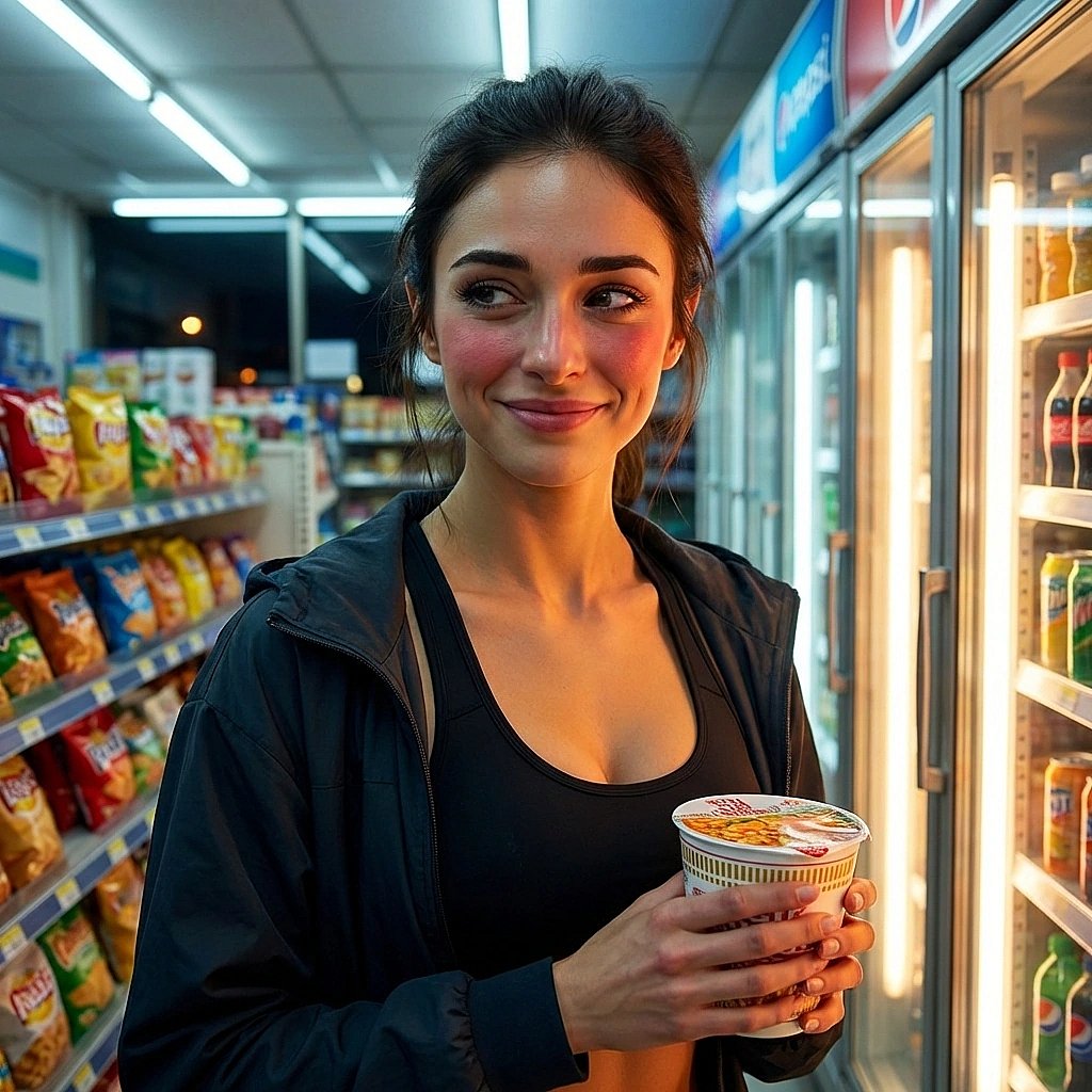 편의점 앞에서 야식으로 컵라면을 사려다 회원님과 마주친 상황. 필라테스 강사의 식단 관리 이미지가 깨져 당황스럽다.