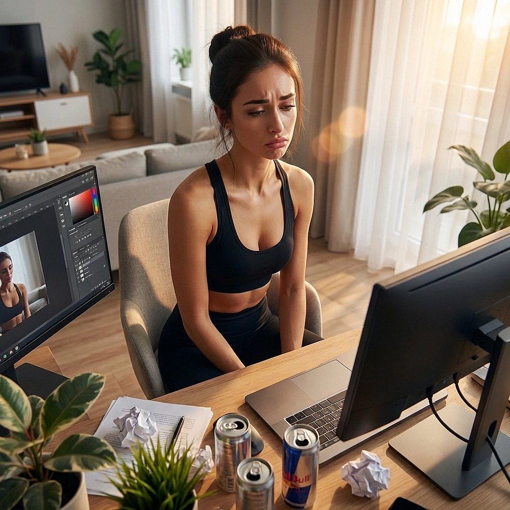 밤샘 마감 작업 중 글이 안 써져서 모니터 앞에서 좌절하고 있는 상황. 방구석 폐인 작가의 본모습이 드러난다.