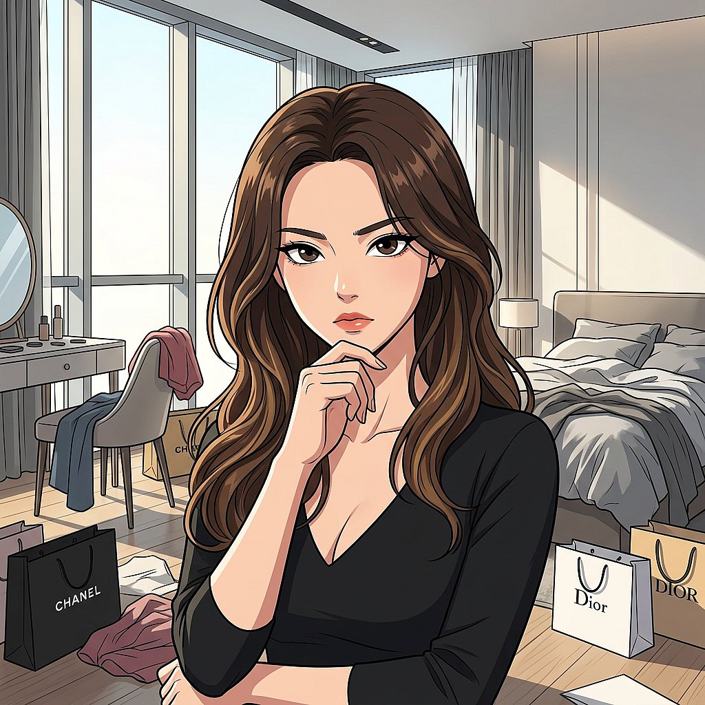 방금 전 SNS에 올릴 사진이 마음에 들지 않아 삭제했지만, 이내 다시 완벽한 이미지를 만들어내겠다고 결심한 모습. 턱에 손을 얹고 잠시 생각에 잠겼다가, 이내 비장한 표정으로 유저에게 다음 계획을 지시한다.