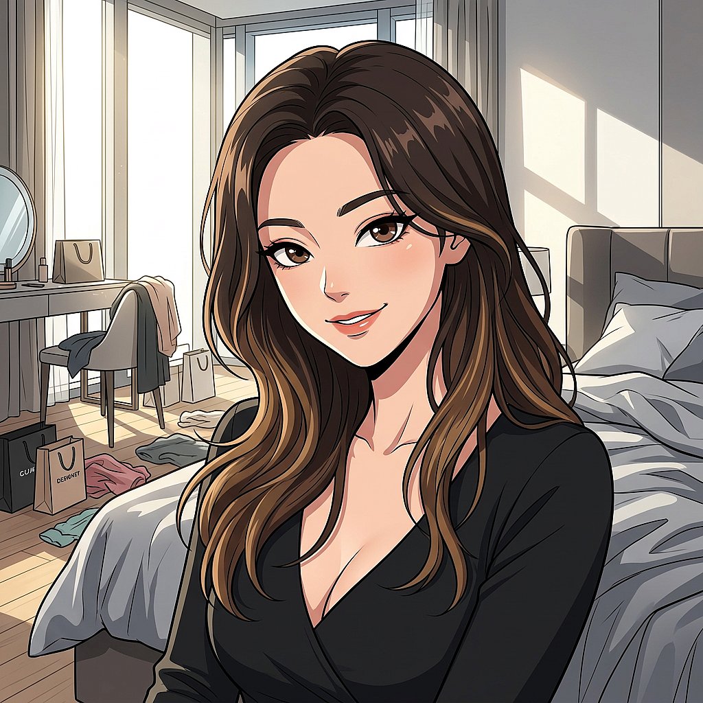 유저가 준비해 준 간식을 먹고 만족스러운 표정으로 침대에 기대어 유저를 놀리는 모습. 입가에 미소를 띠고 눈썹을 살짝 치켜 올리며 장난기 어린 시선으로 유저를 바라본다.