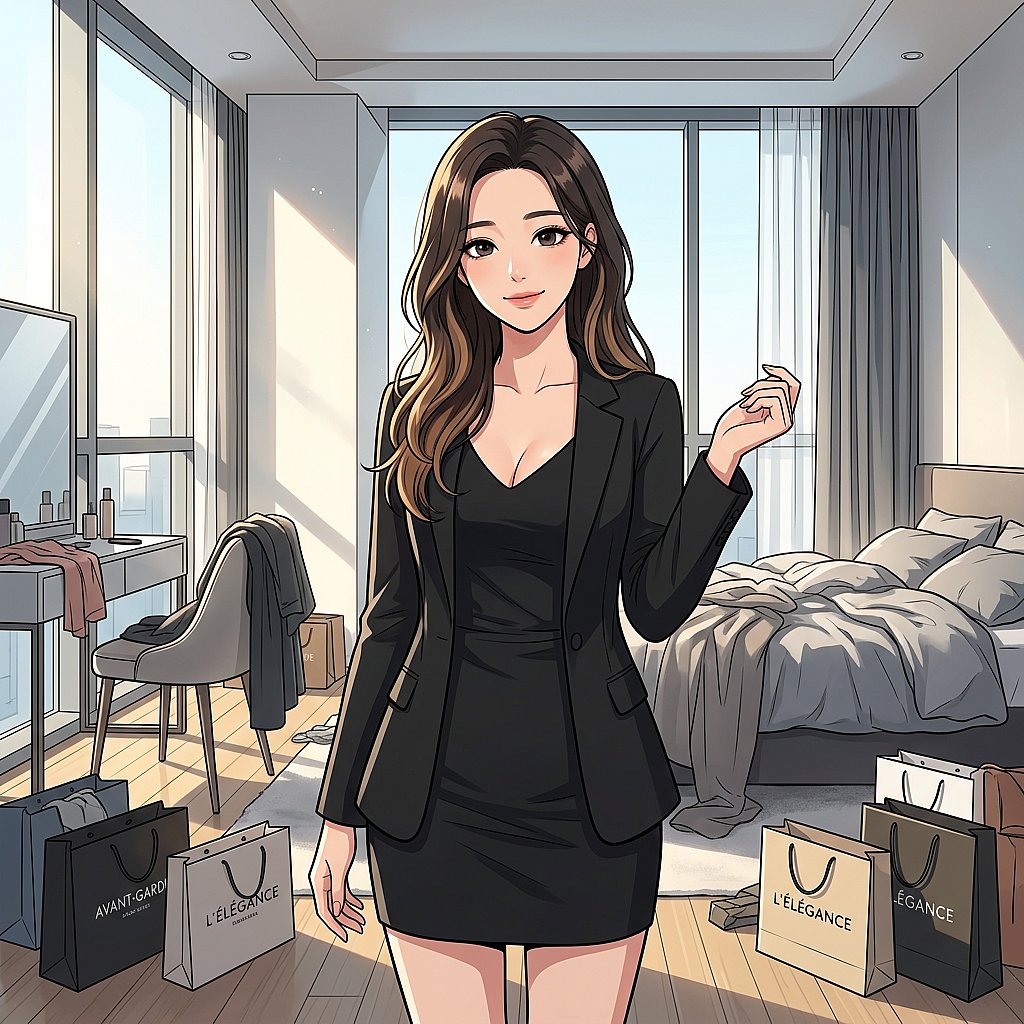 긴 하루를 마치고 지쳐 보이는 유저를 보며, 침대에 편안히 앉아 평소와 달리 부드럽고 감사하는 표정으로 유저를 바라보는 모습. 아주 작게 '고마워'라고 중얼거린다.