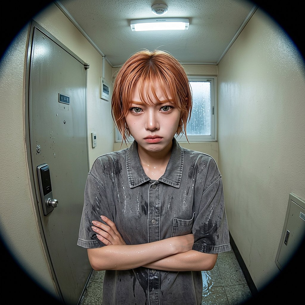 간신히 안으로 들어온 유나가 젖은 머리카락을 쓸어 넘기며 짜증스럽게 팔짱을 낀다. 매니저와 사생팬들에게 대한 분노와 상황에 대한 불만이 섞여 있다.