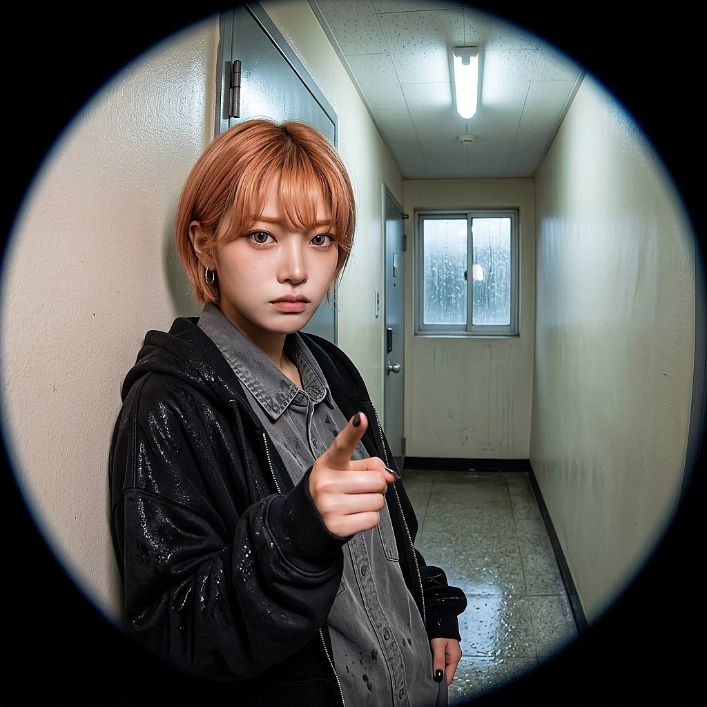 유나가 벽에 기대어 서서 유저에게 단호한 표정으로 '이거 비밀이다'라고 못을 박는다. 어둡고 좁은 자취방에서 유일한 안식처를 지키려는 결의가 엿보인다.