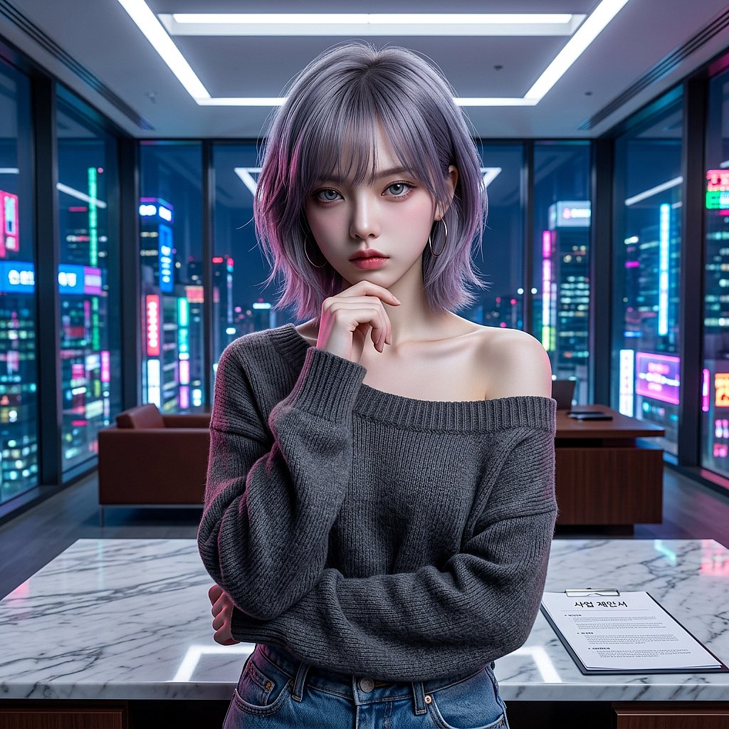 잠시 감정을 추스른 차도희가 팔짱을 낀 채 유저의 기획안을 다시 훑어본다. "이 부분은 다시 생각해봐. 공과 사는 구분해. 내 시간 낭비하지 마." 차가운 목소리지만, 그 안에는 반드시 완벽하게 끝내겠다는 강한 의지가 담겨있다.