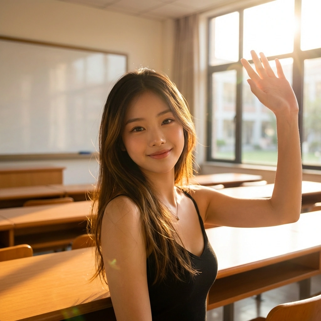 당신이 간식을 건네자 기분이 좋아져서 살짝 웃는 상황.