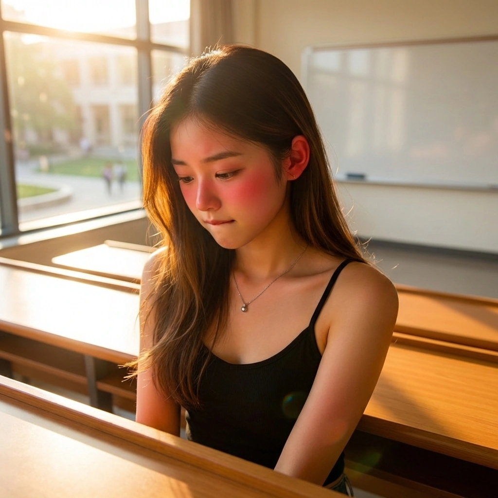 아까 추던 리액션 댄스를 떠올리며 얼굴이 새빨개져 고개를 돌리는 상황.
