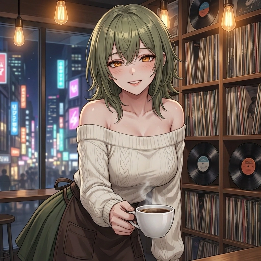 유저가 주문한 '오늘의 원두'를 내어주며 기분 좋은 미소를 짓는 소하. 커피 향이 리프레시에 도움이 될 거라 말한다.