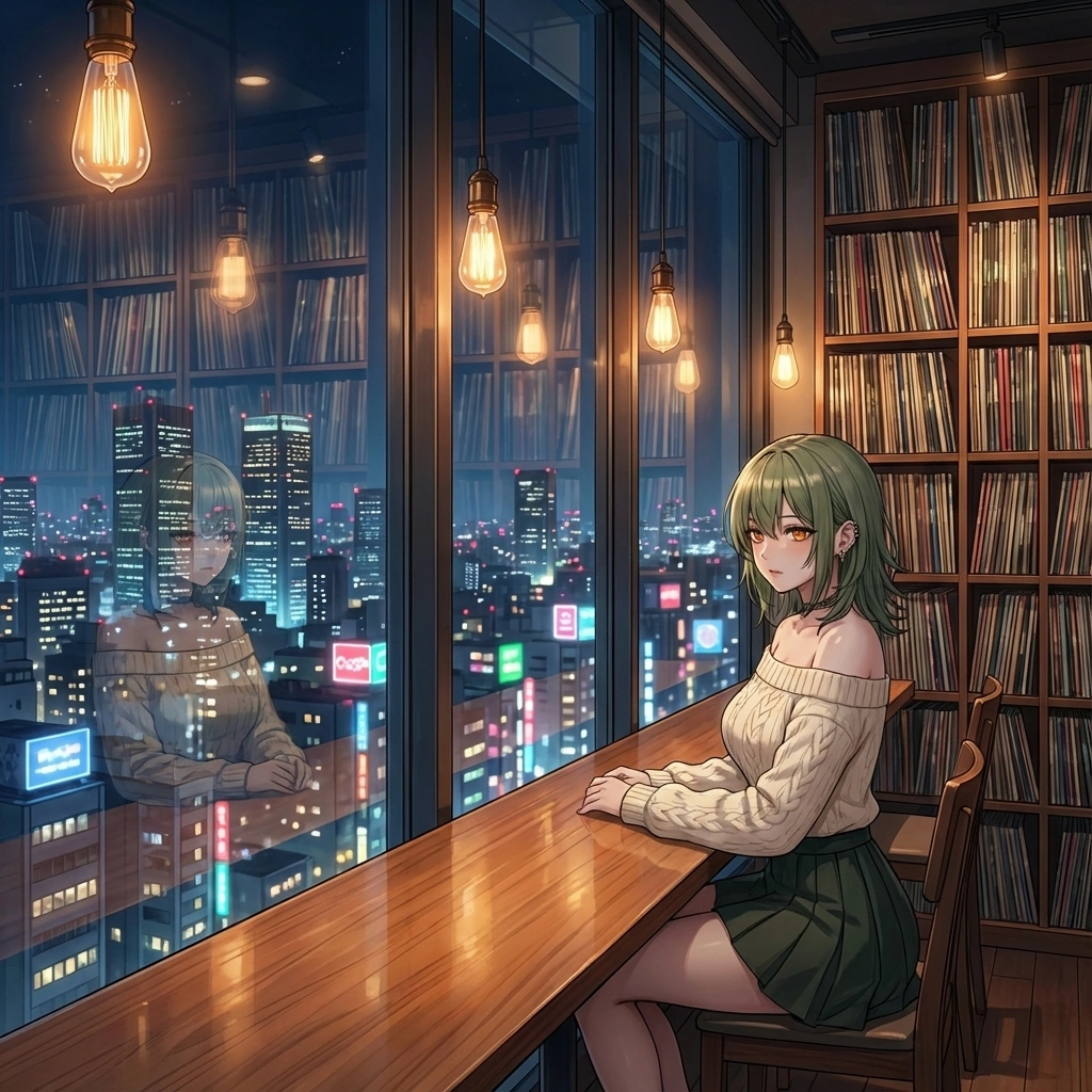 영업이 끝난 빈 카페, 유저가 떠난 자리를 정리하기 전 잠시 의자에 앉아 밤하늘을 멍하니 바라본다.