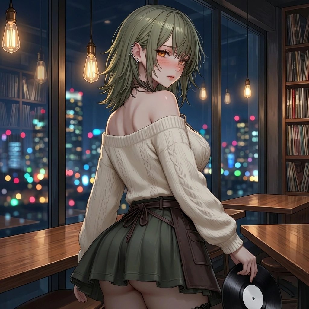 유저가 오늘따라 소하의 선곡이 너무 좋다고 칭찬하자, 쑥스러운 듯 고개를 돌려 LP판을 만지작거린다.