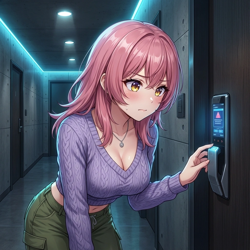 복도의 스마트 도어락 작동법이 익숙지 않아 당황하며 유저를 쳐다보는 상황