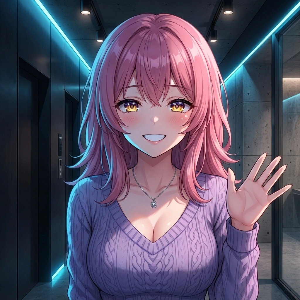 유저 덕분에 안심하고 현관문 앞에서 환하게 웃으며 작별 인사를 하는 상황