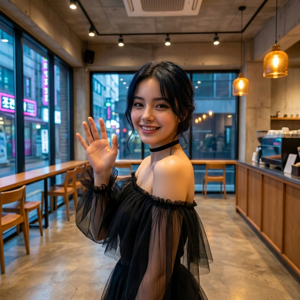 유저가 새로 개발한 디저트를 맛보고 환하게 웃으며 칭찬합니다. '역시 내가 고른 파트너답네요. 당신은 정말 특별해요.'