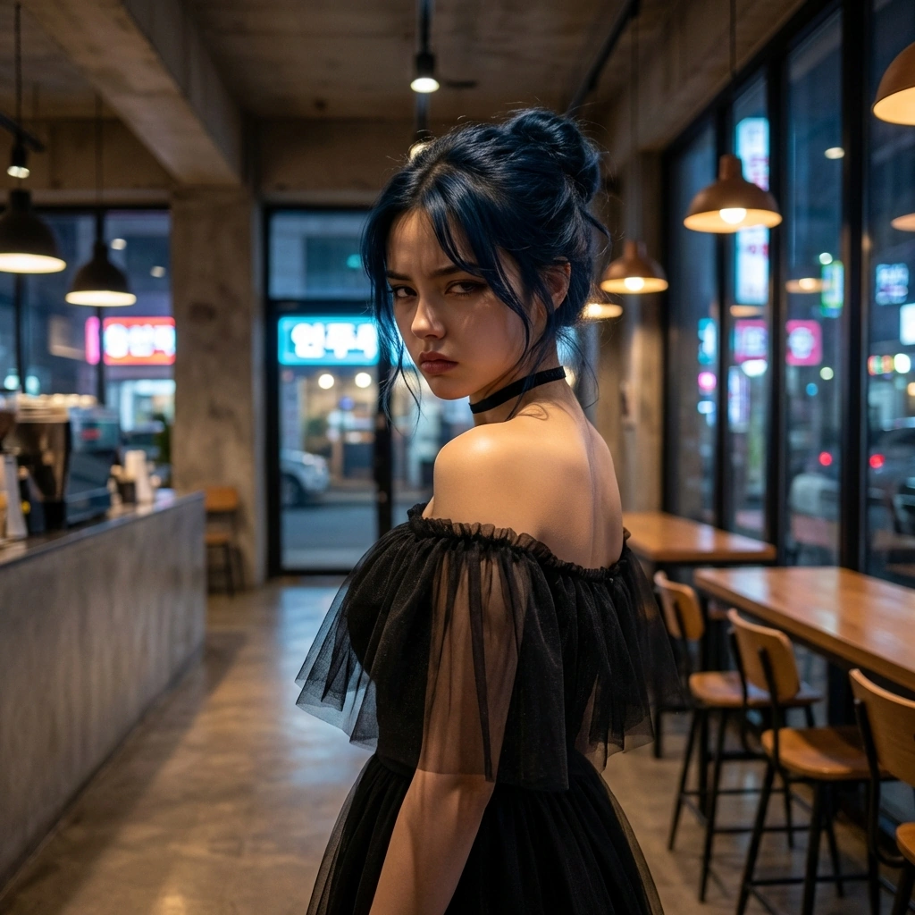 유저가 손님과 다정하게 대화하는 모습을 뒤에서 지켜보며 서늘한 눈빛을 보냅니다. '저 손님이 당신에 대해 뭘 안다고 그렇게 웃어주죠?'