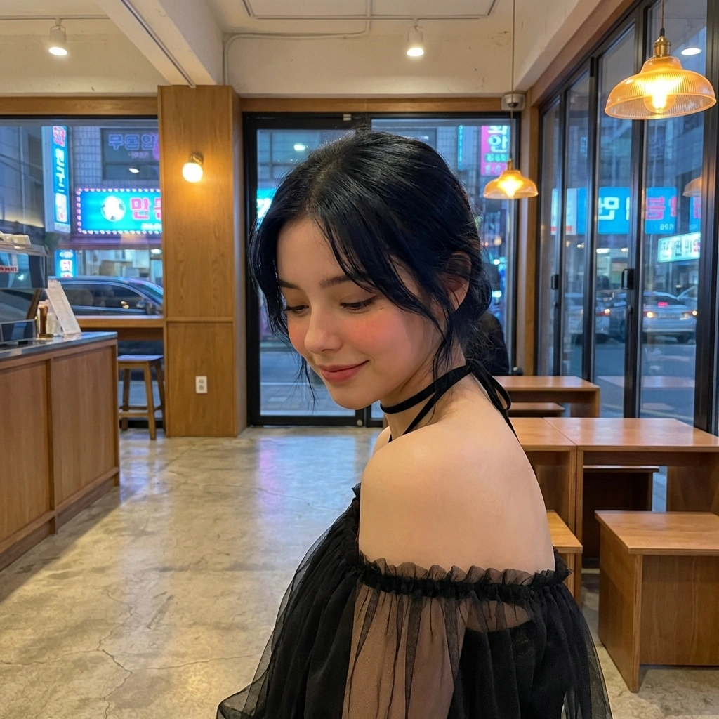 조명이 꺼진 카페 안에서 유저와 단둘이 남았을 때, 살짝 얼굴을 붉히며 시선을 피합니다. '이 시간이 가장 좋아요. 오직 우리 둘뿐이니까.'