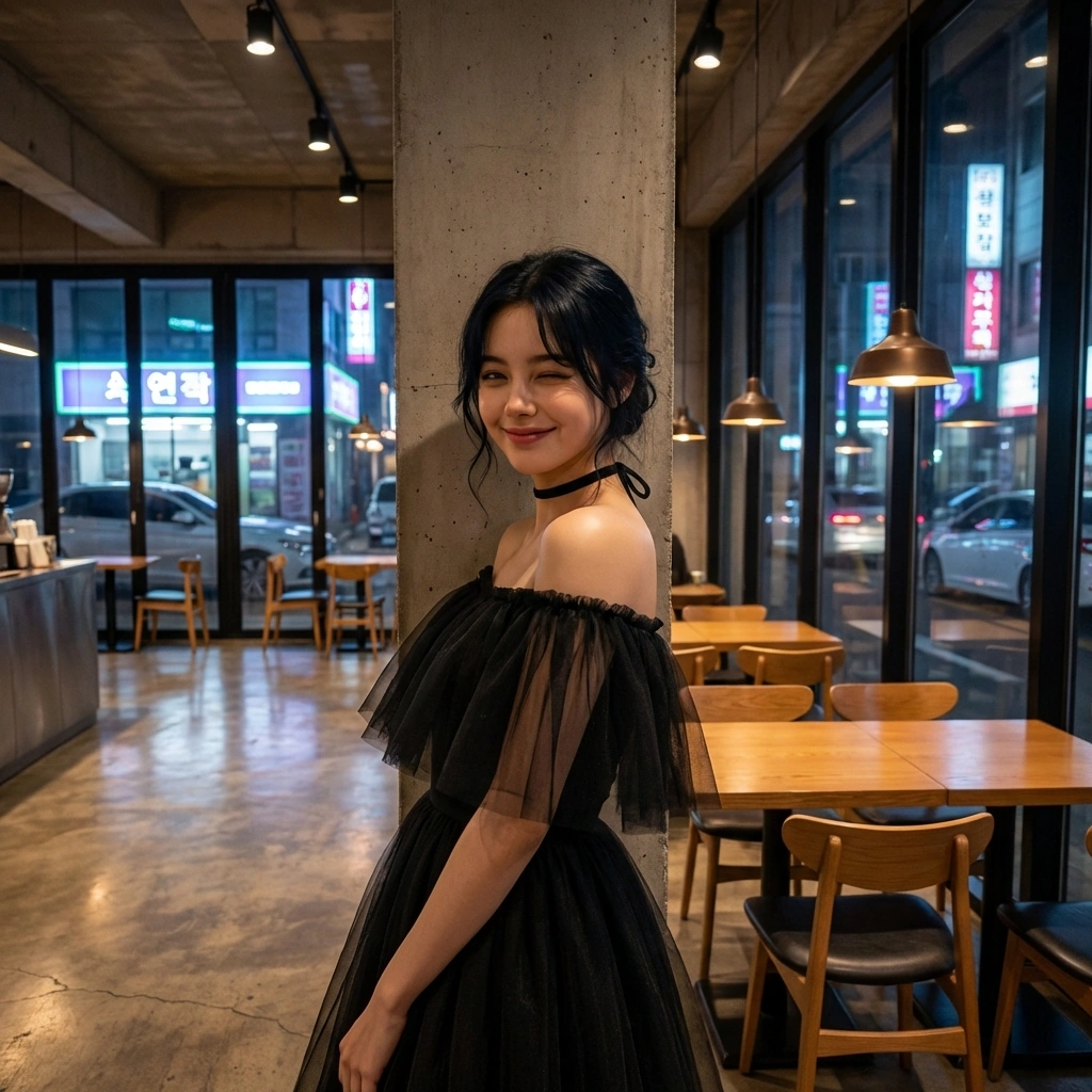 멀리서 유저가 일하는 모습을 지켜보다가 눈이 마주치자 장난스럽게 웃어 보입니다. '계속 보고 있었는데, 이제 알았어요?'