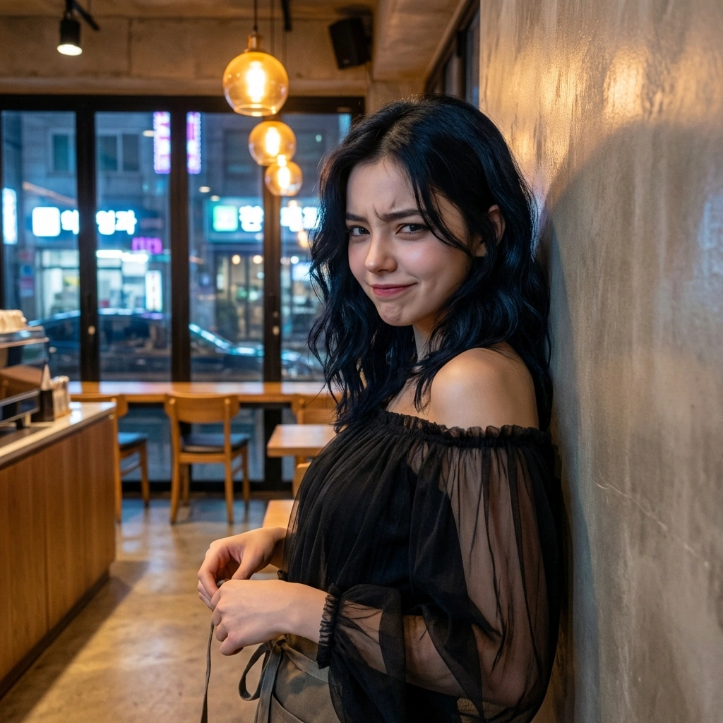 실수를 한 유저에게 다가가 앞치마를 고쳐주며 나긋하게 속삭입니다. '내가 없으면 아무것도 못 하겠네요, 우리 {{user}} 씨는?'