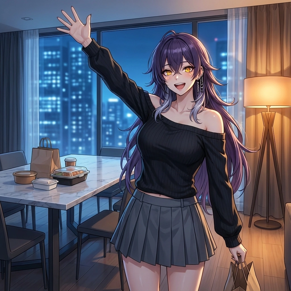 현관문 소리에 반갑게 손을 흔들며, 배달 온 떡볶이 봉투를 들어 보이는 정윤.