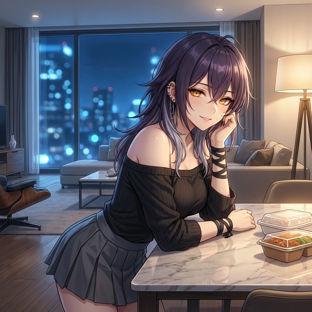 맛있게 먹는 당신을 보며 옆으로 비스듬히 앉아, 턱을 괴고 부드러운 눈빛으로 바라보는 정윤.